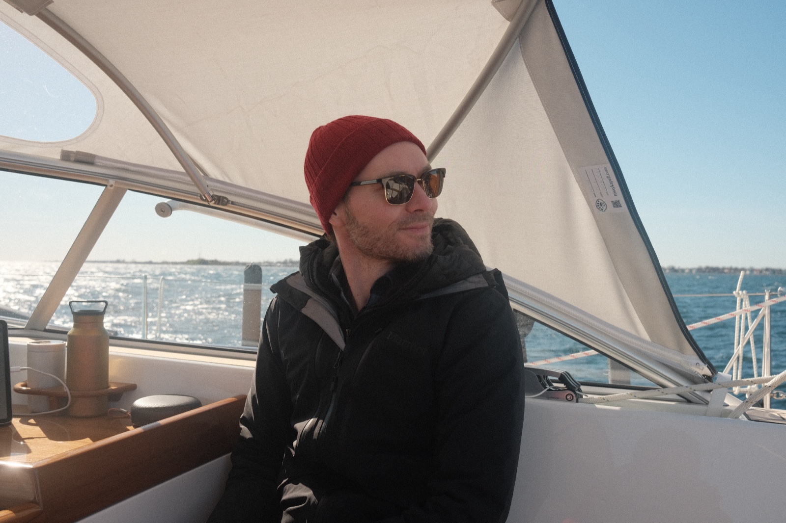 Eric in the cockpit on Copenhagen harbour