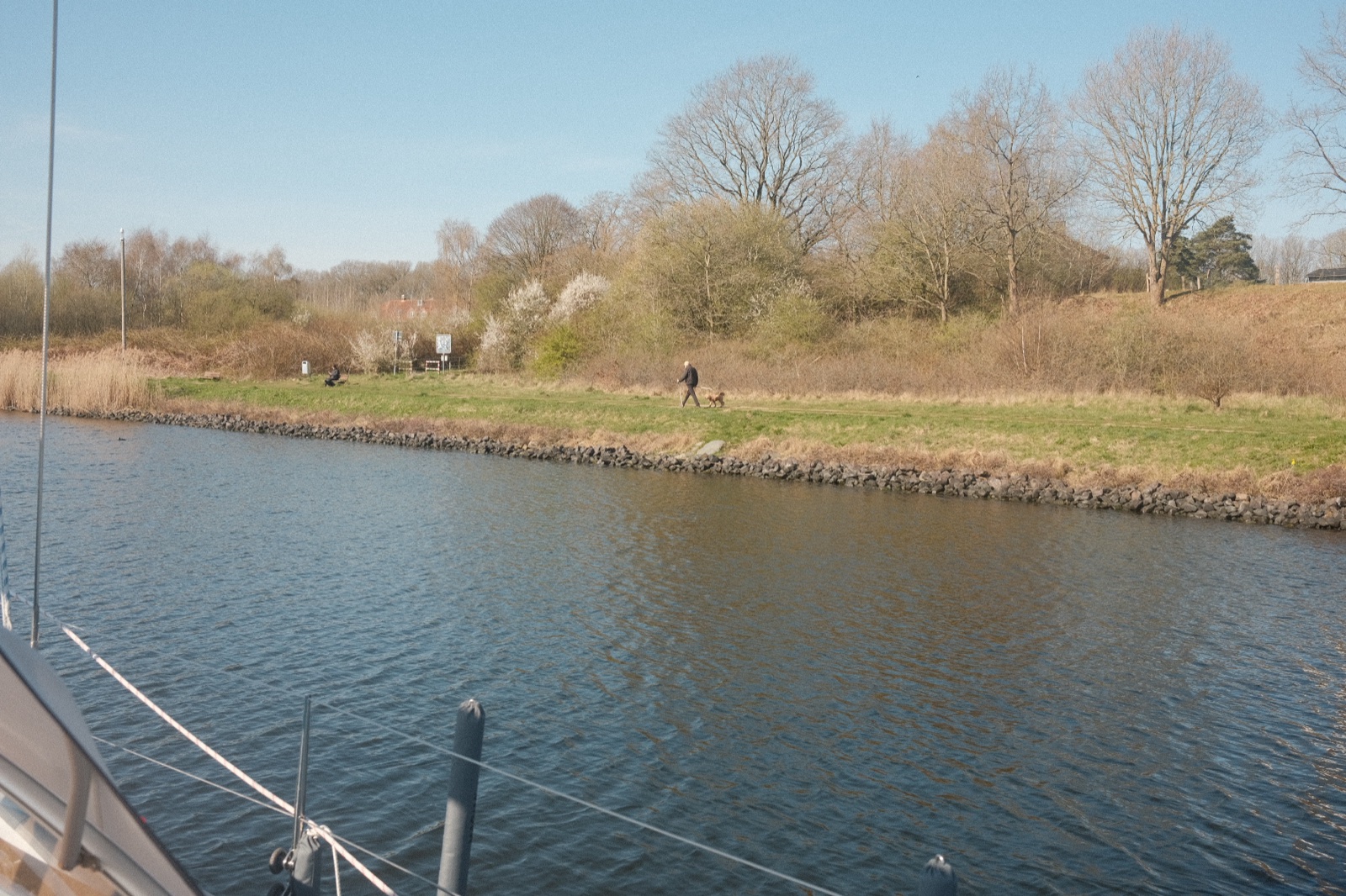 A dog walker on the canal bank during the Kiel Canal transit