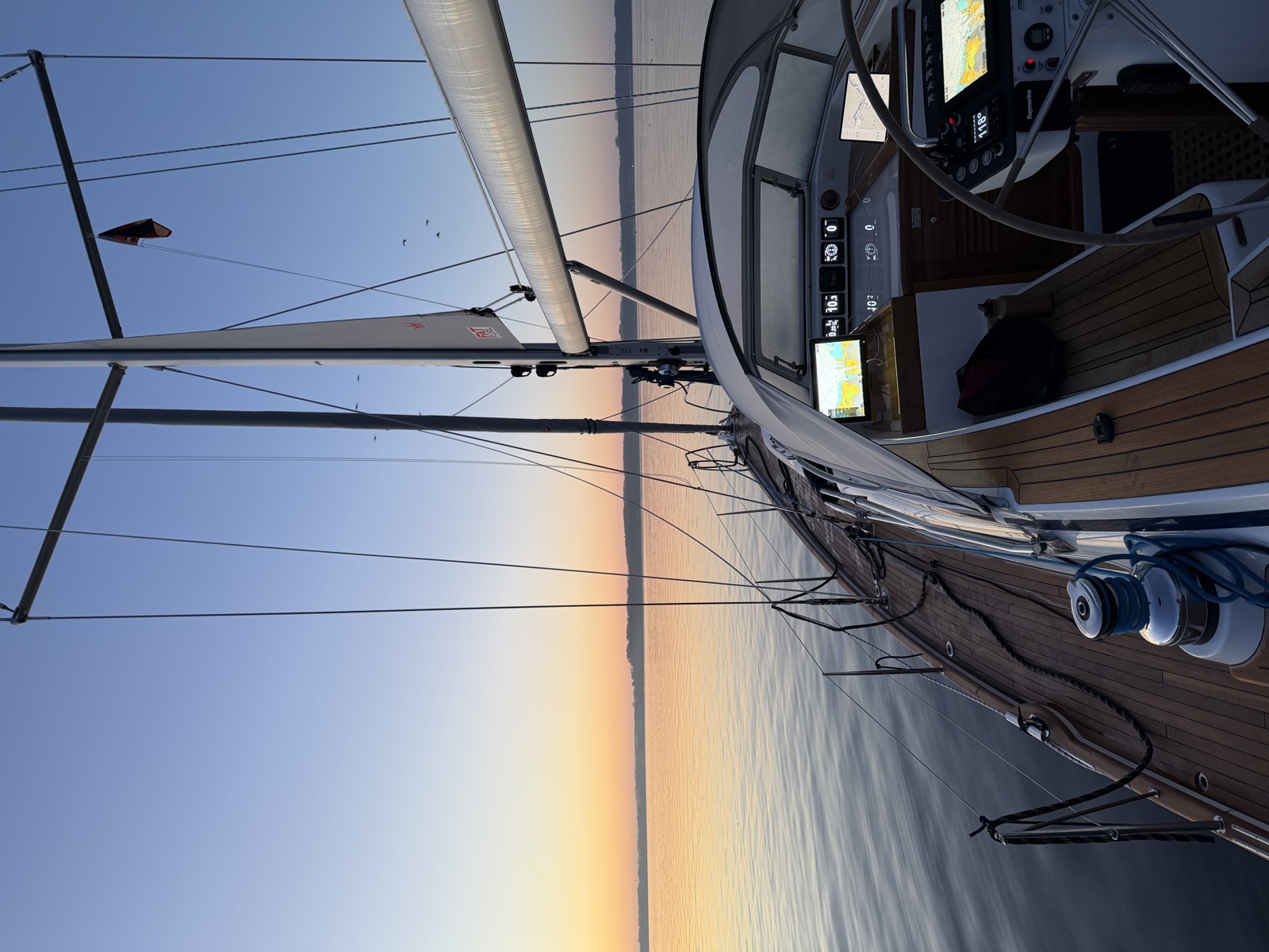 Sunrise from the cockpit while waiting for the Kiel Canal lock
