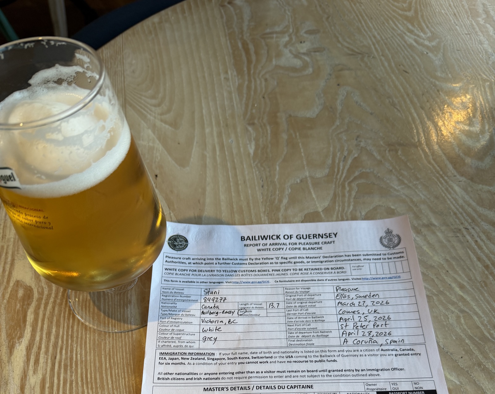 Filling out the Alderney customs form at the pub