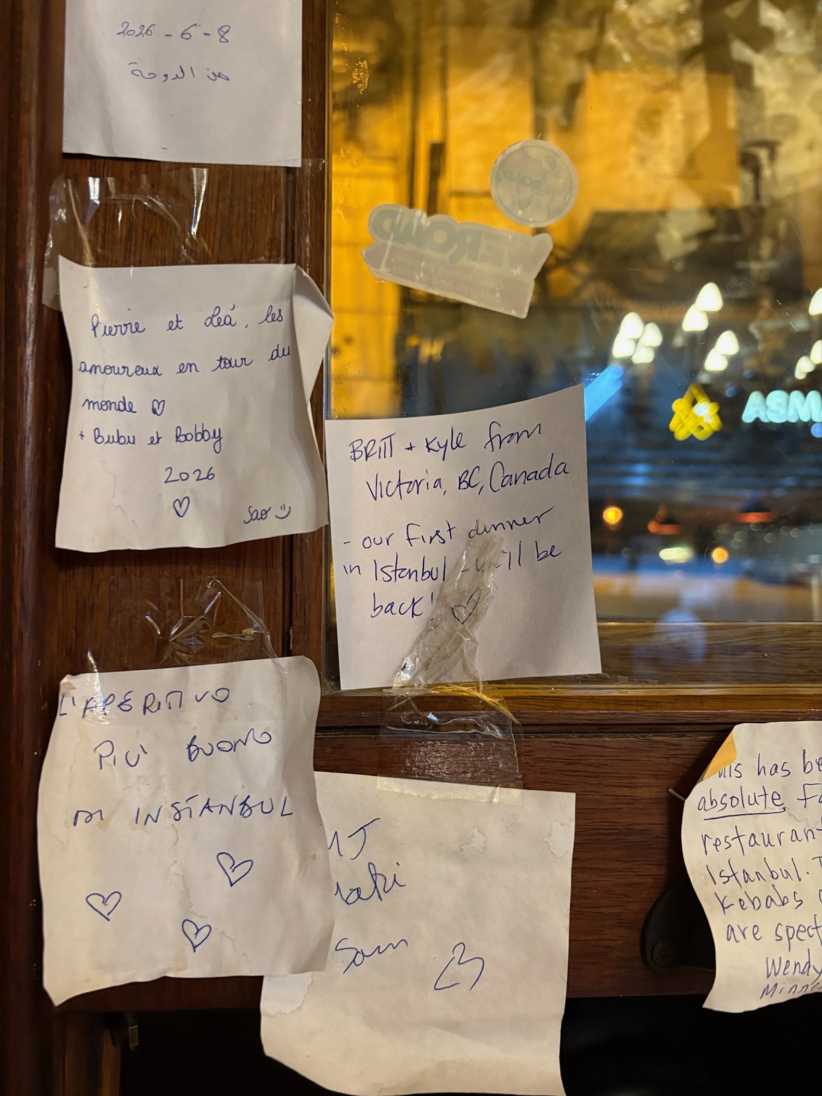 Notes left by past customers at our first dinner in Istanbul