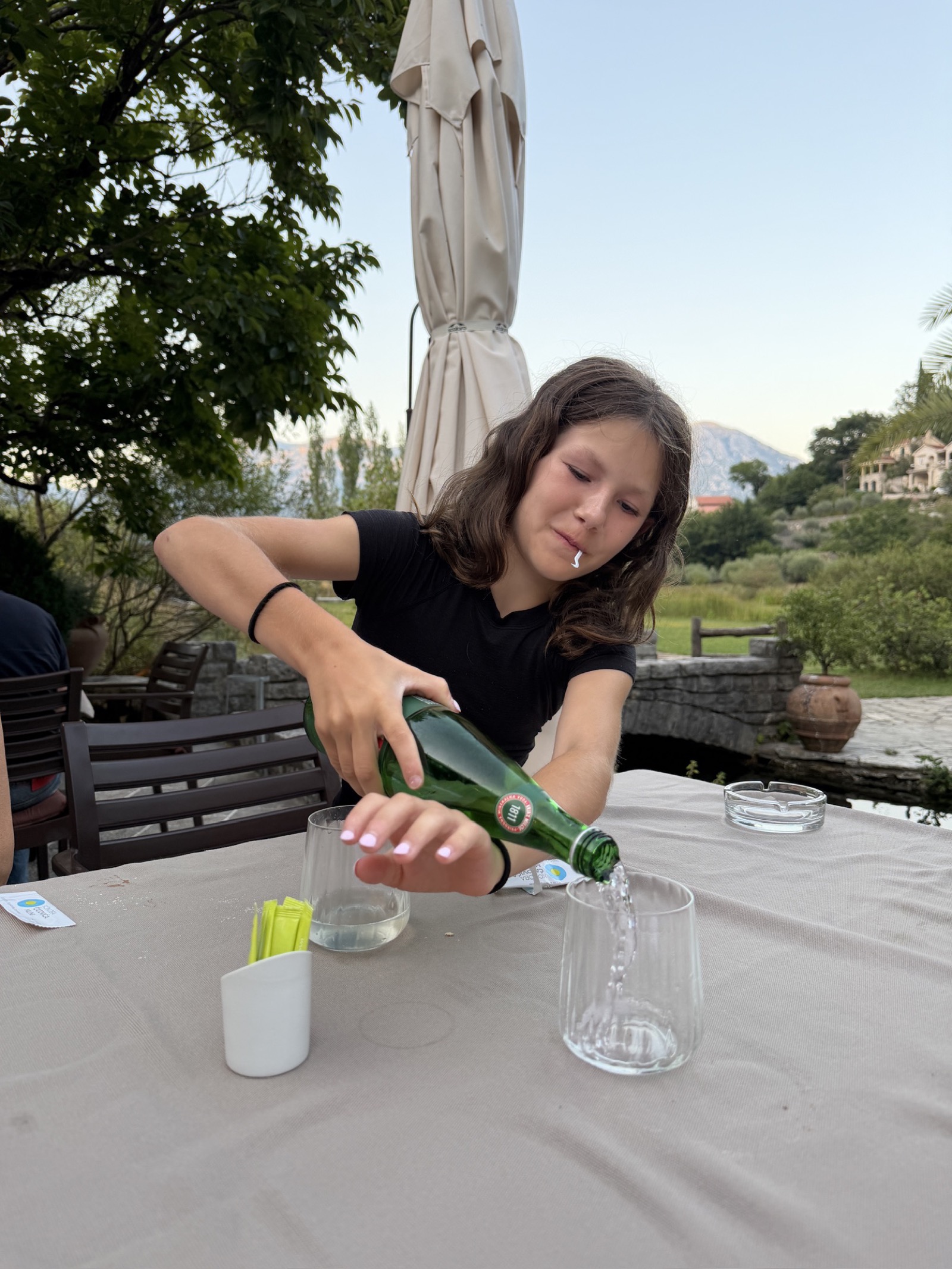 Pouring water at the riverside dinner table